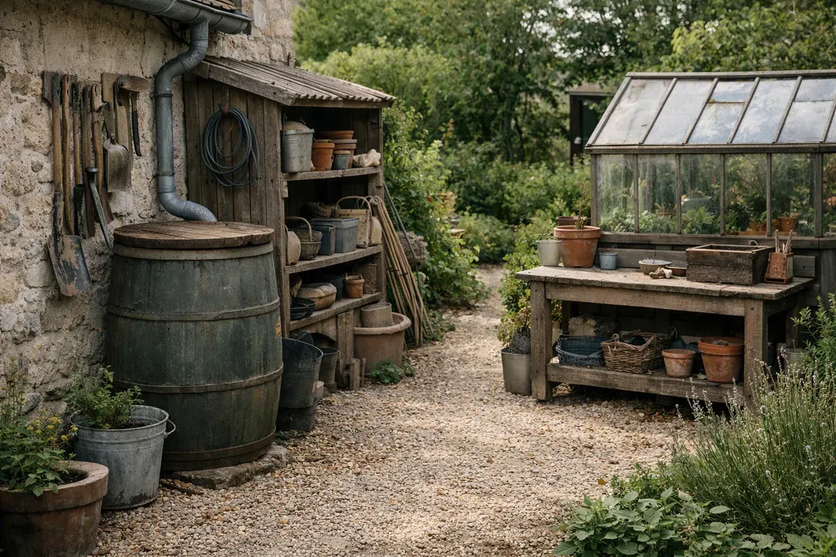 Aménagement côté maison avec allée, cuve d’eau et petite serre