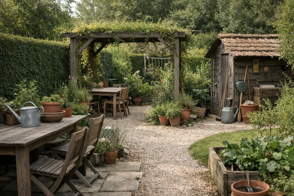 Terrasse, allée gravillonnée et pergola dans un jardin français