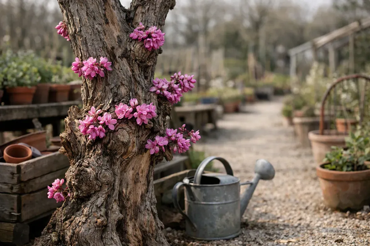 Arbre de Judée en fleurs sur vieux bois au printemps