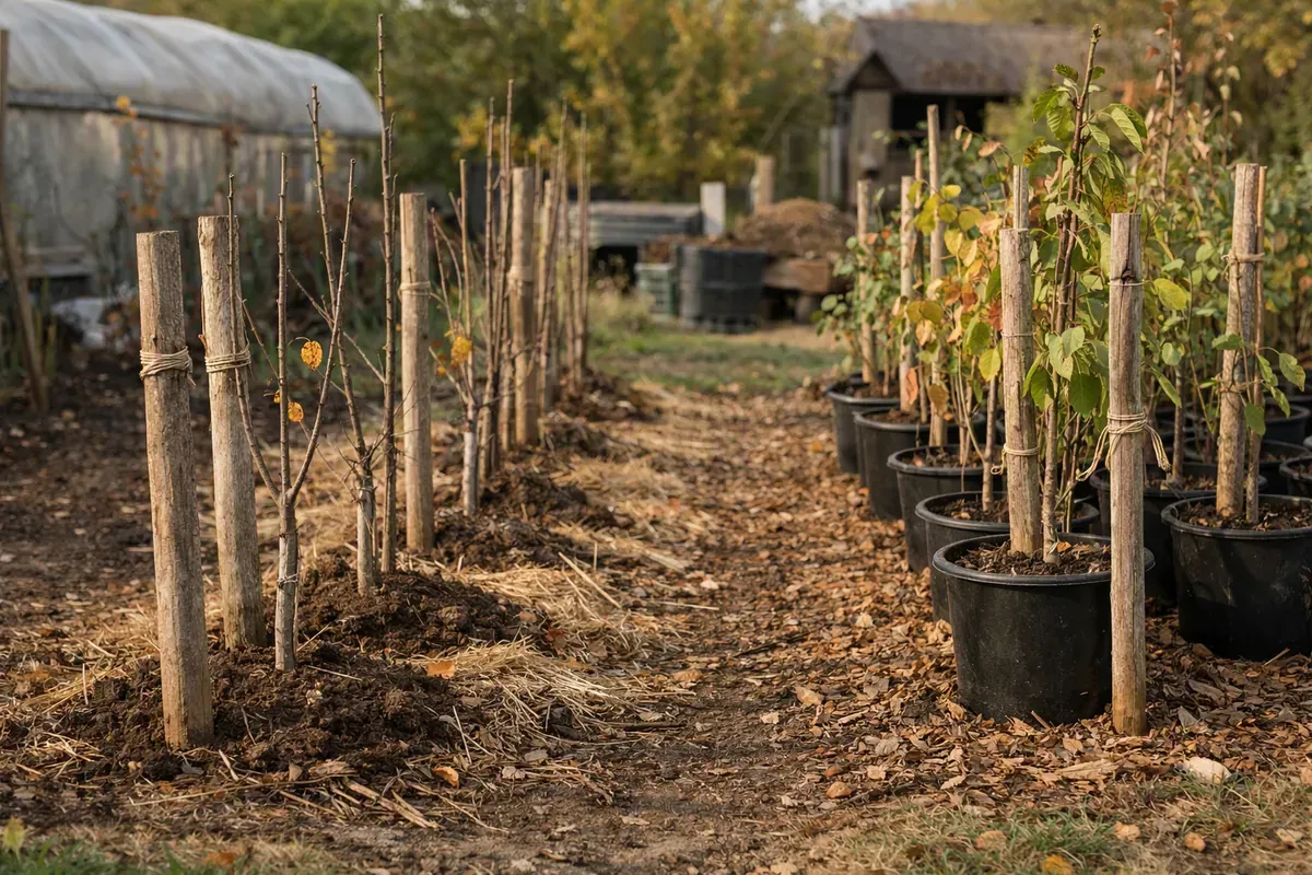 Jeunes arbres fruitiers plantés, racines nues et conteneur côte à côte