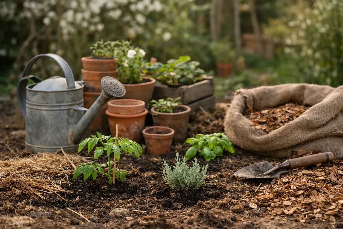 Plantes en pots et jeunes plantations dans une pépinière française