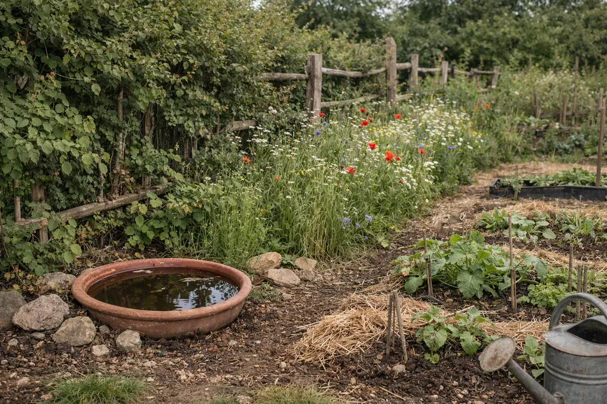 Jardin de pépinière avec haie variée, fleurs, paillage et point d’eau