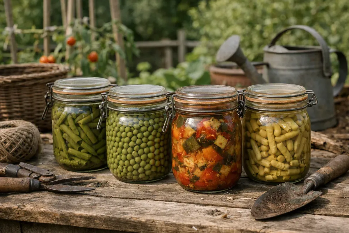 Bocaux de haricots, petits pois et ratatouille sur table de jardin