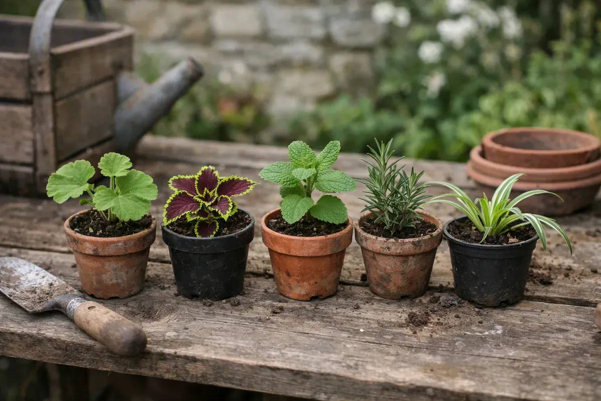 Petites boutures en godets sur une table de pépinière