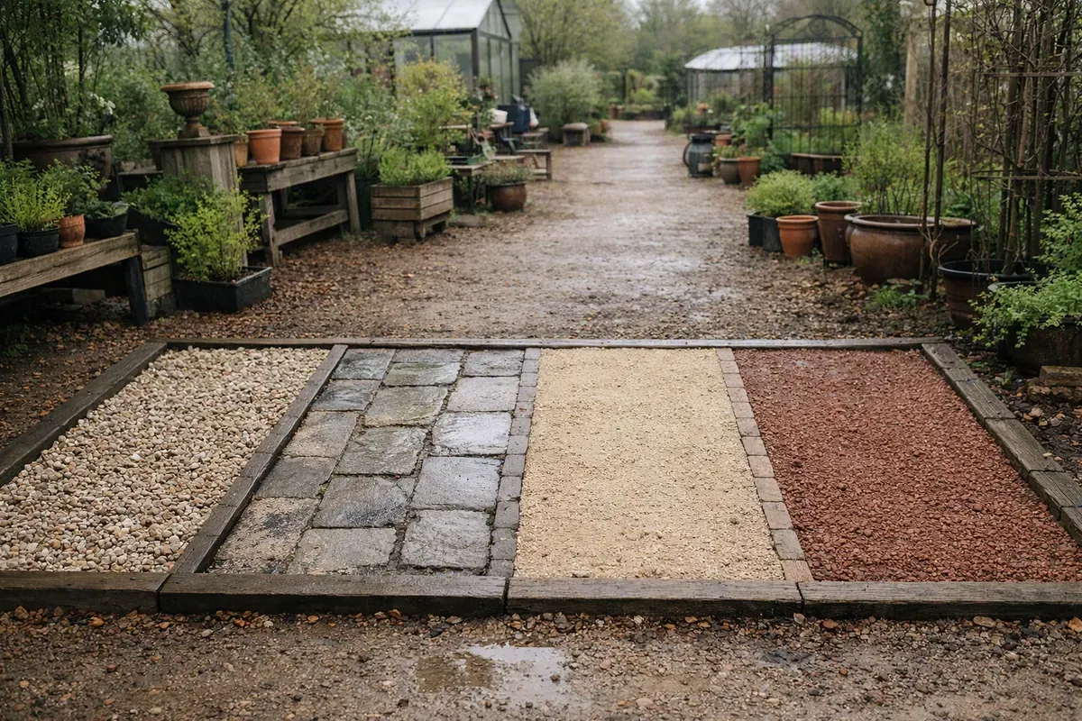 Comparaison de revêtements pour une allée dans un jardin français