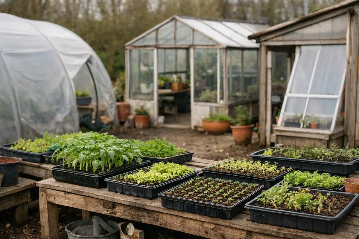 Comparatif visuel de plusieurs serres de jardin dans une pépinière