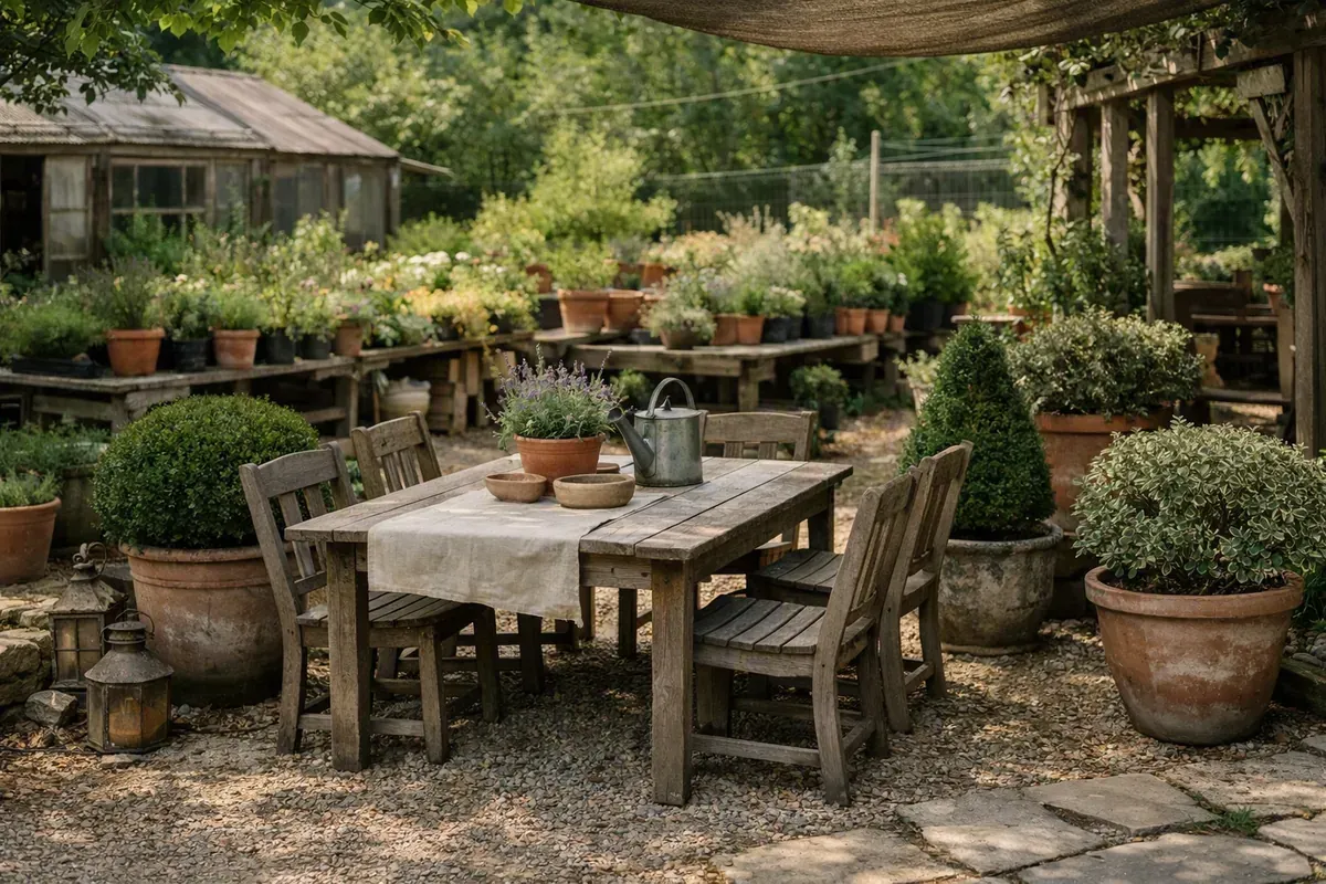 Terrasse extérieure de jardin avec bacs plantés et coin repas