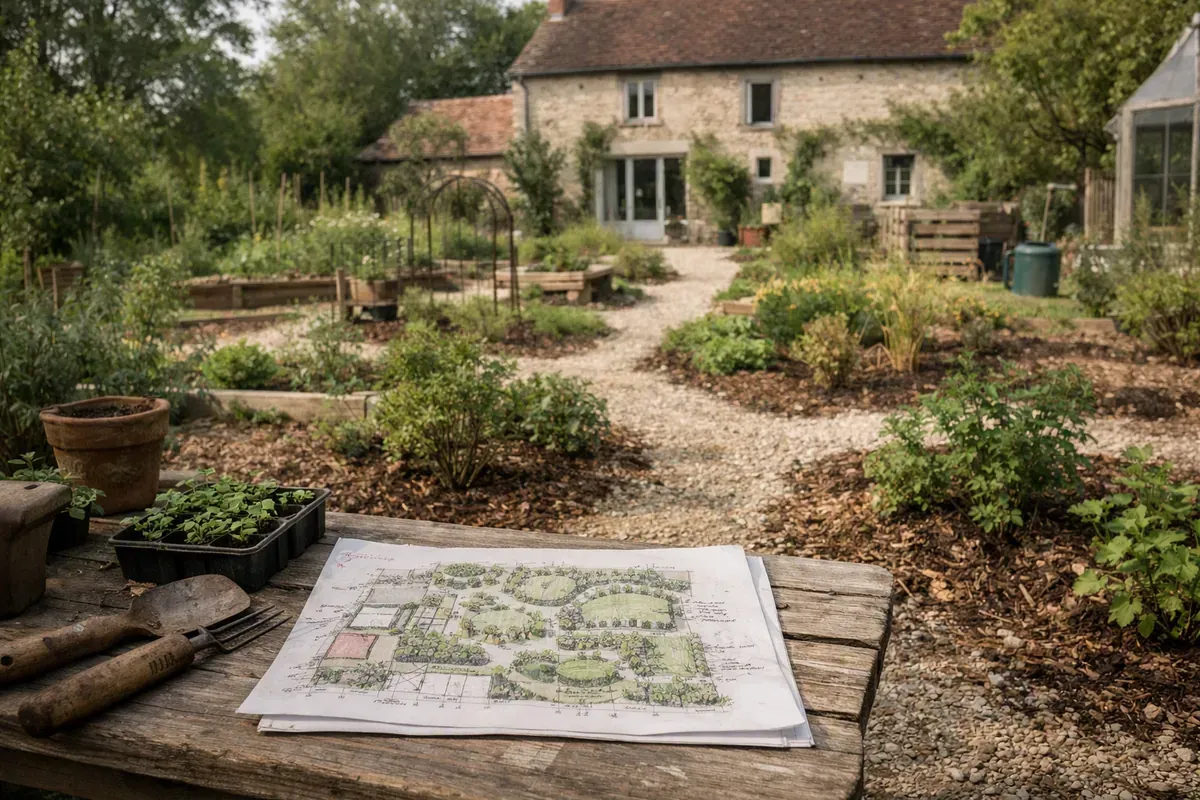 Plan de jardin simple devant massif paillé et allée gravillonnée