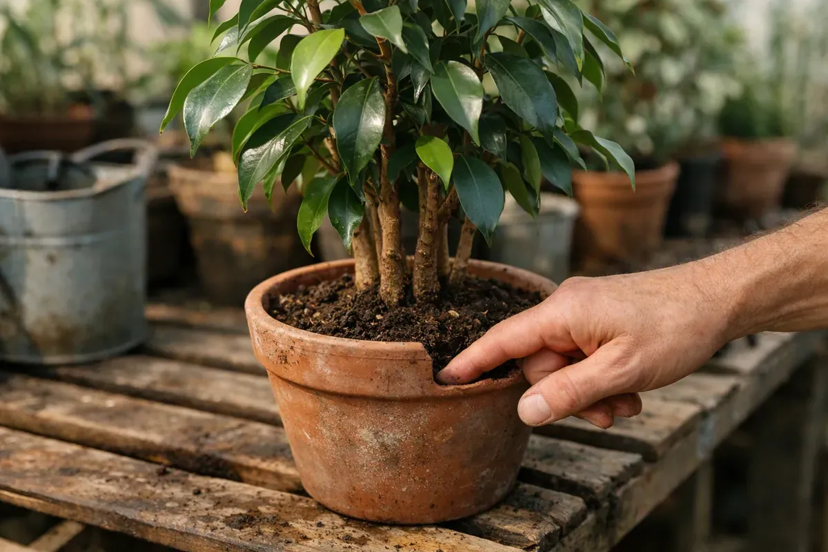 Contrôle de l’humidité d’un ficus en pot dans une pépinière