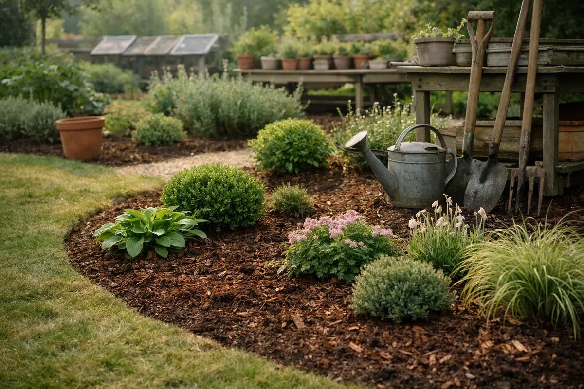 Massif paillé et bordures nettes dans un jardin français simple