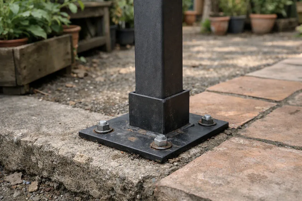 Platine de tonnelle fixée sur terrasse de jardin en béton