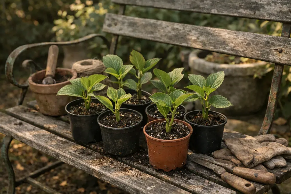 Boutures d’hortensia en godets à l’ombre claire d’une pépinière