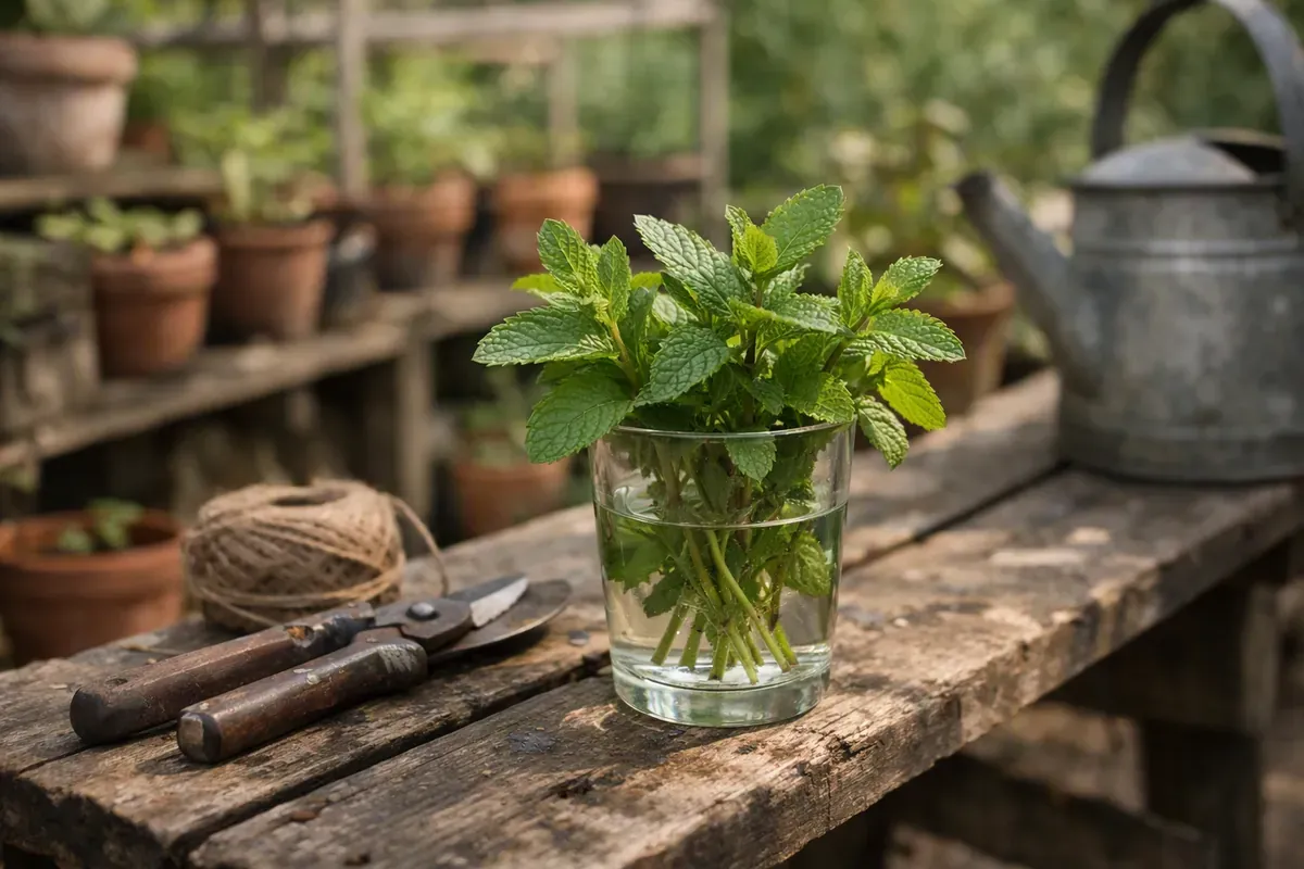 Bouquet de menthe fraîche conservé dans un verre d’eau