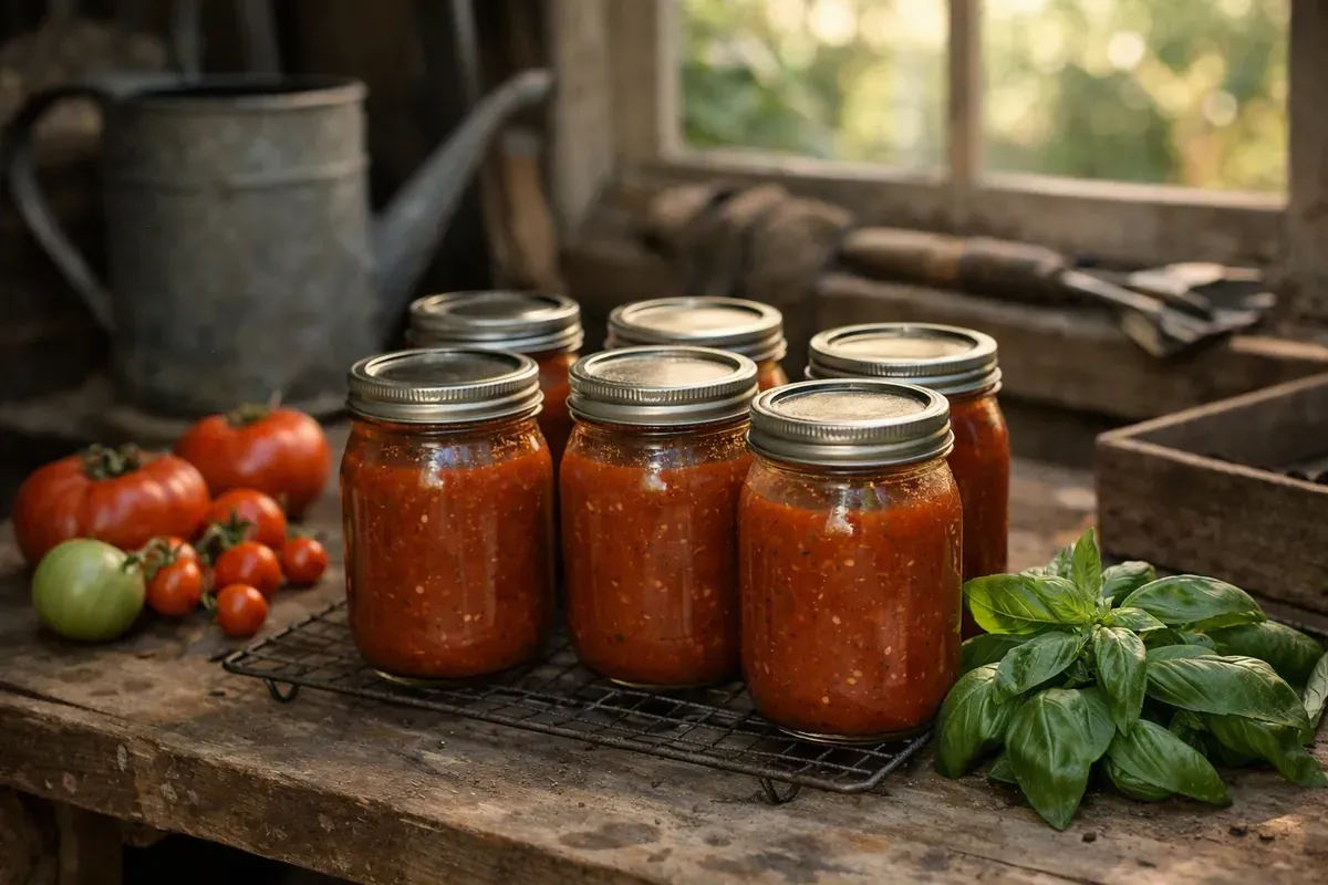 Bocaux de sauce tomate maison en refroidissement sur table en bois