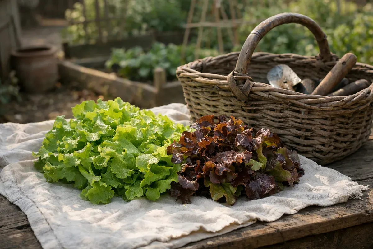 Salades fraîchement récoltées qui sèchent sur un torchon au jardin