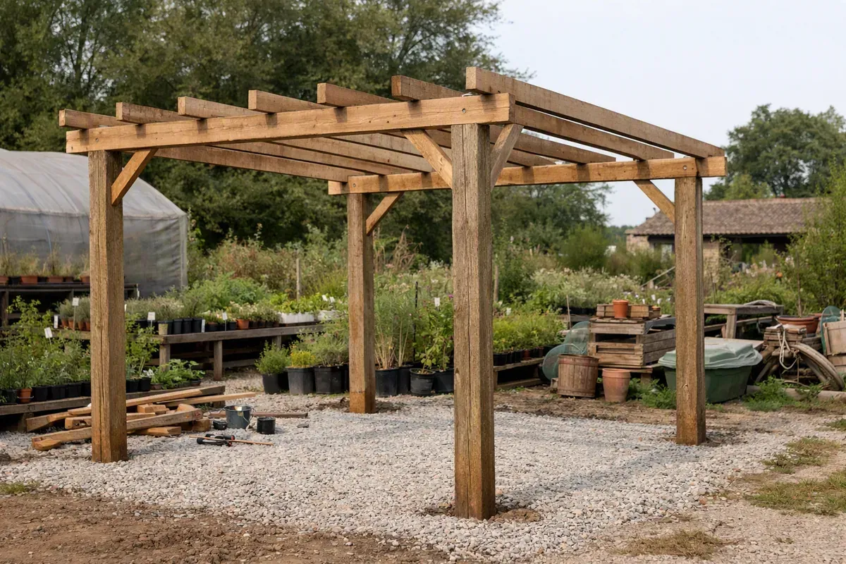 Pergola bois simple en montage sur terrain drainé de jardin