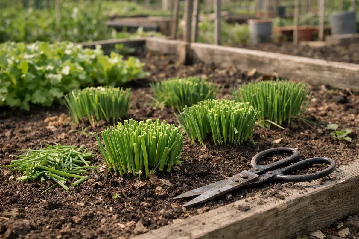 Touffes de ciboulette coupées bas dans un potager français