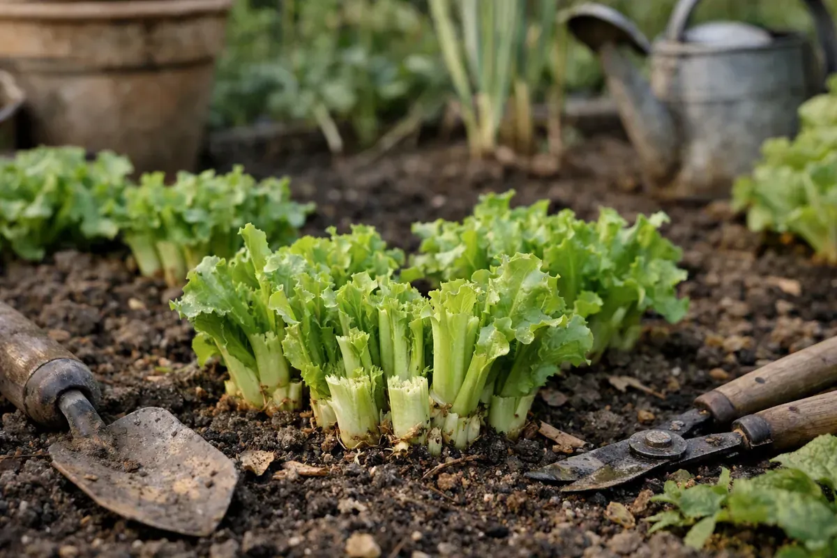 Salades coupées haut dans un potager pour favoriser la repousse