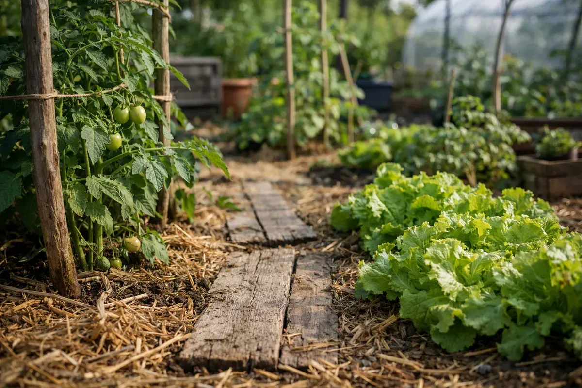 Petit potager paillé avec tomates et laitues dans un jardin français