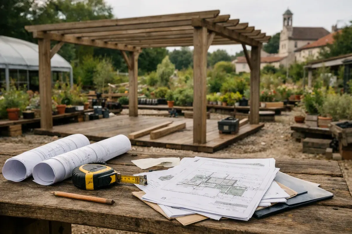 Pergola de jardin en cours de mesure près d’une terrasse