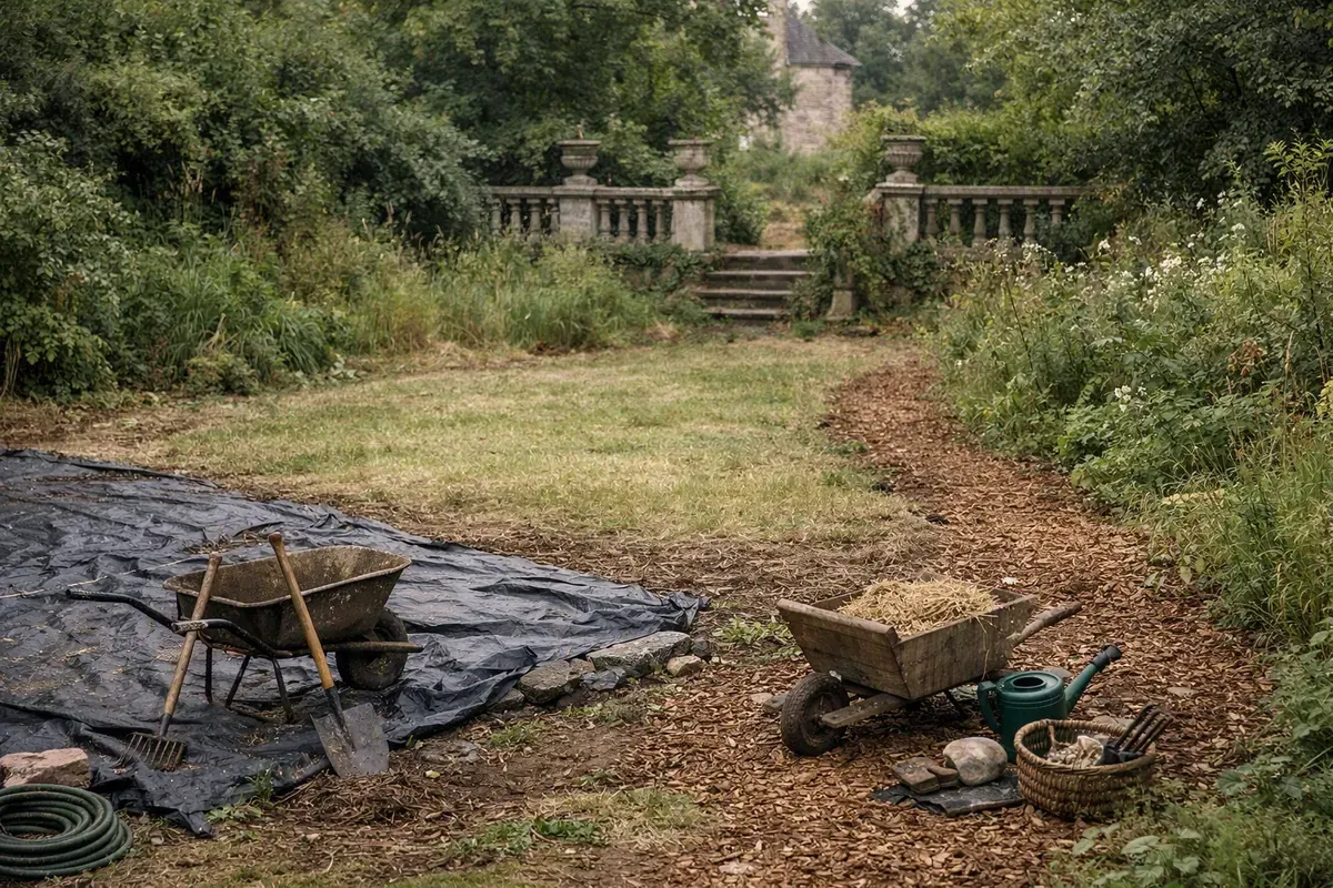 Jardin en friche repris par zones avec bâche et fauche