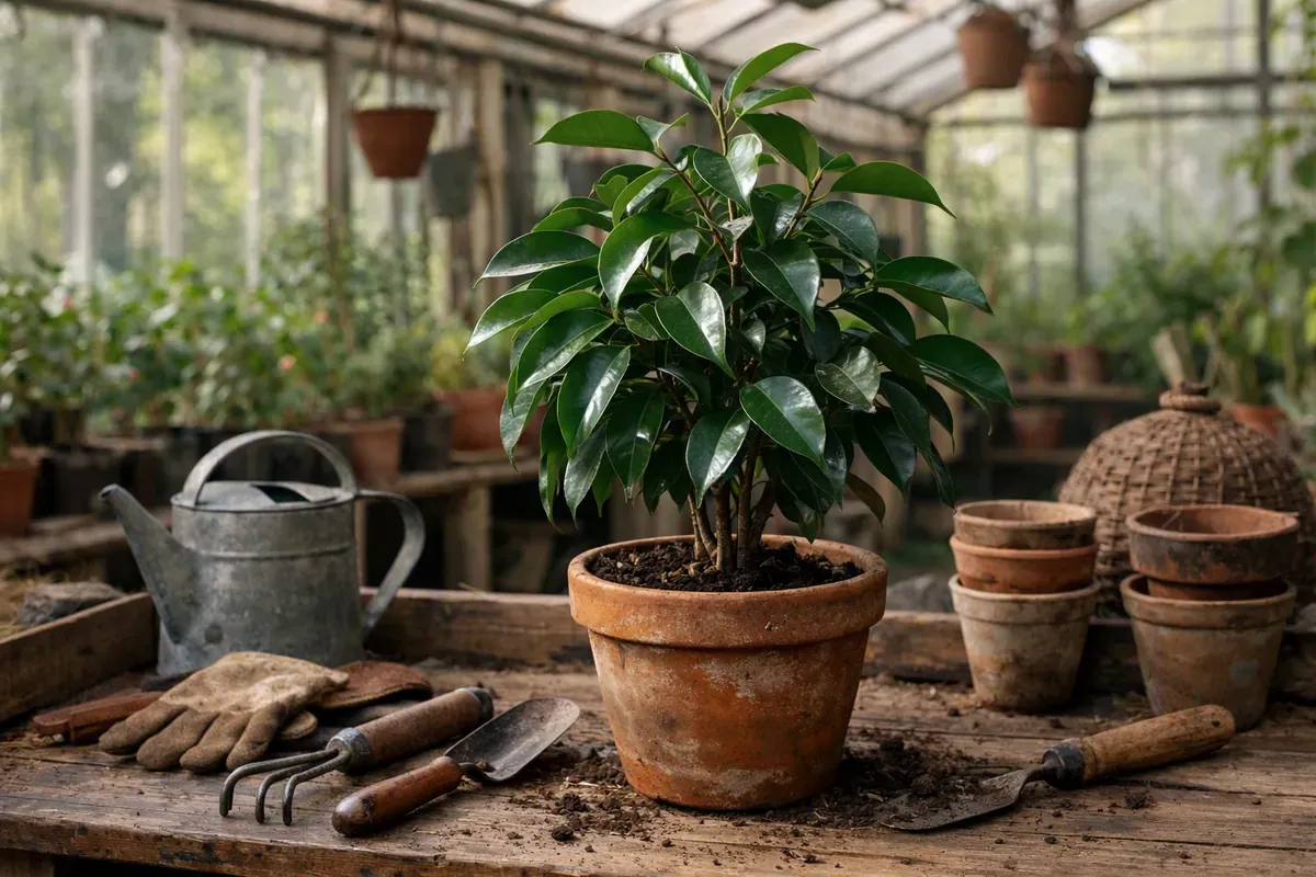 Ficus d’intérieur en pot dans une serre de pépinière française