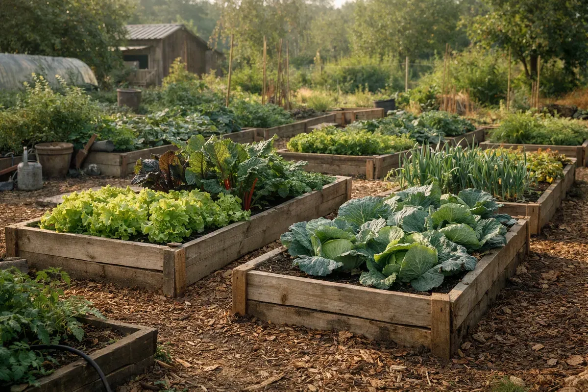 Carrés potager en bois brut avec allées paillées dans un jardin