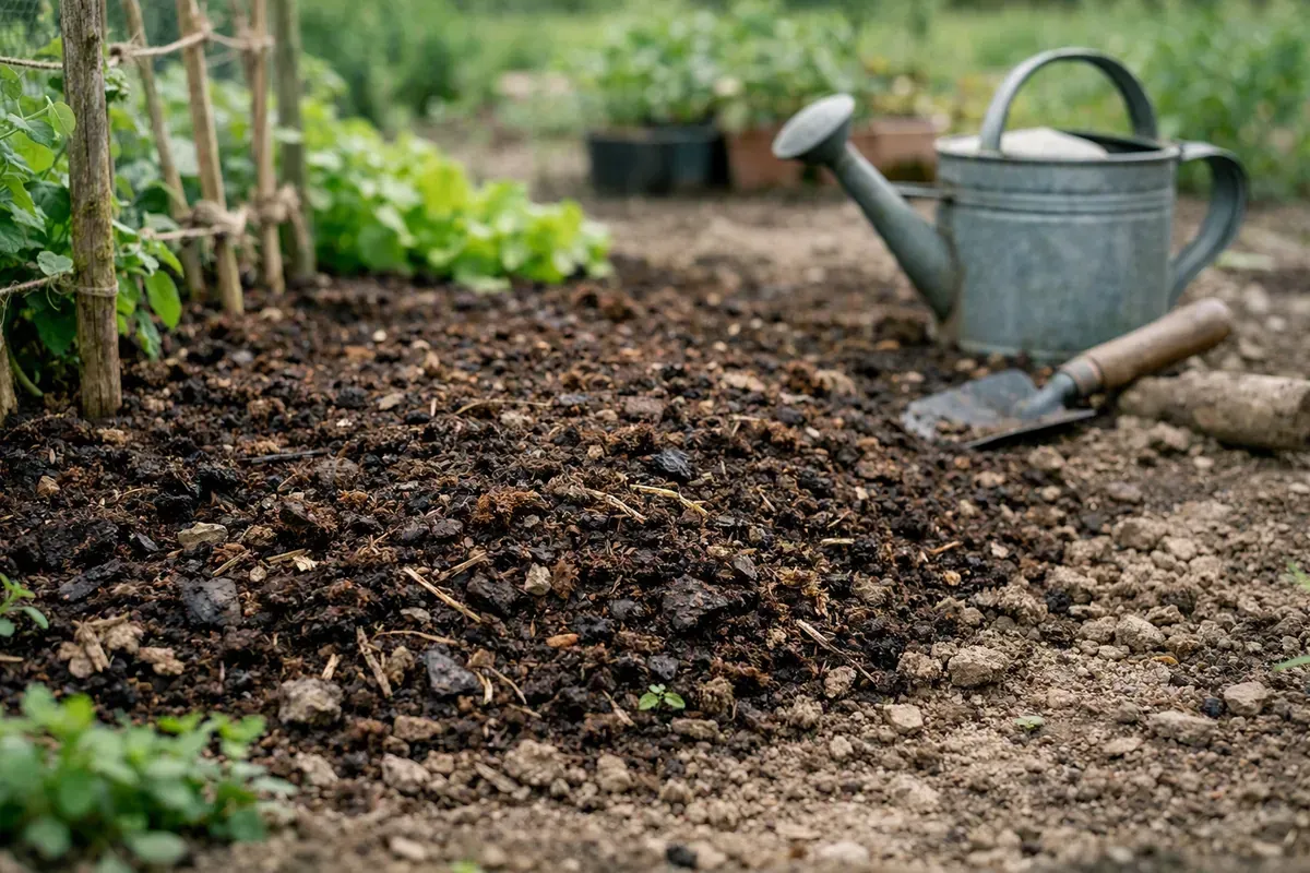Plate-bande de pépinière avec compost et paillage sur sol maigre