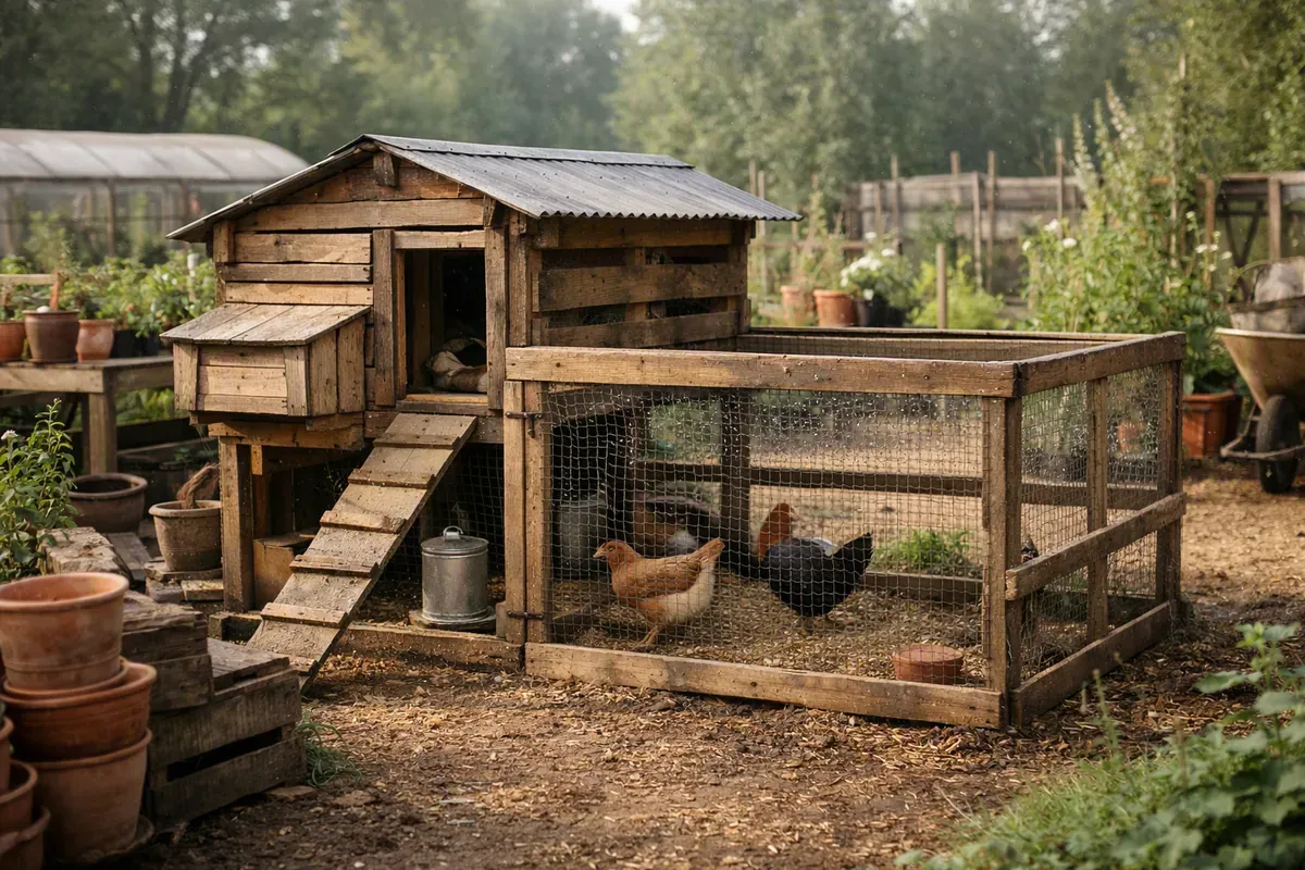 Poulailler en palettes surélevé avec grillage dans un jardin français