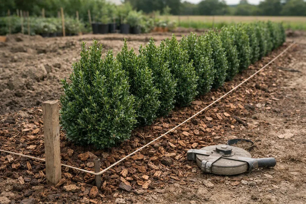 Jeune haie brise-vue plantée avec paillage dans un jardin français