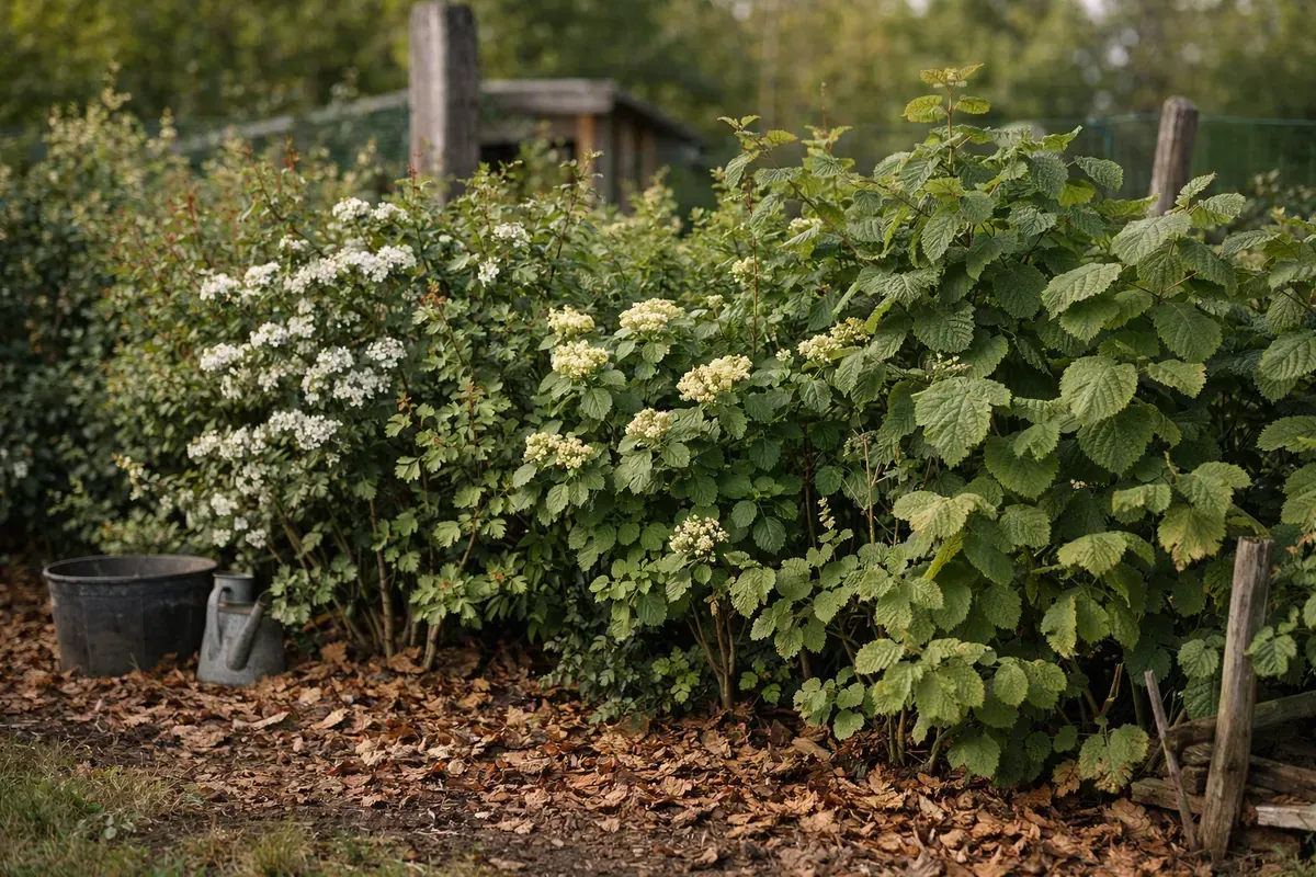 Haie naturelle mélangée paillée dans un jardin familial français