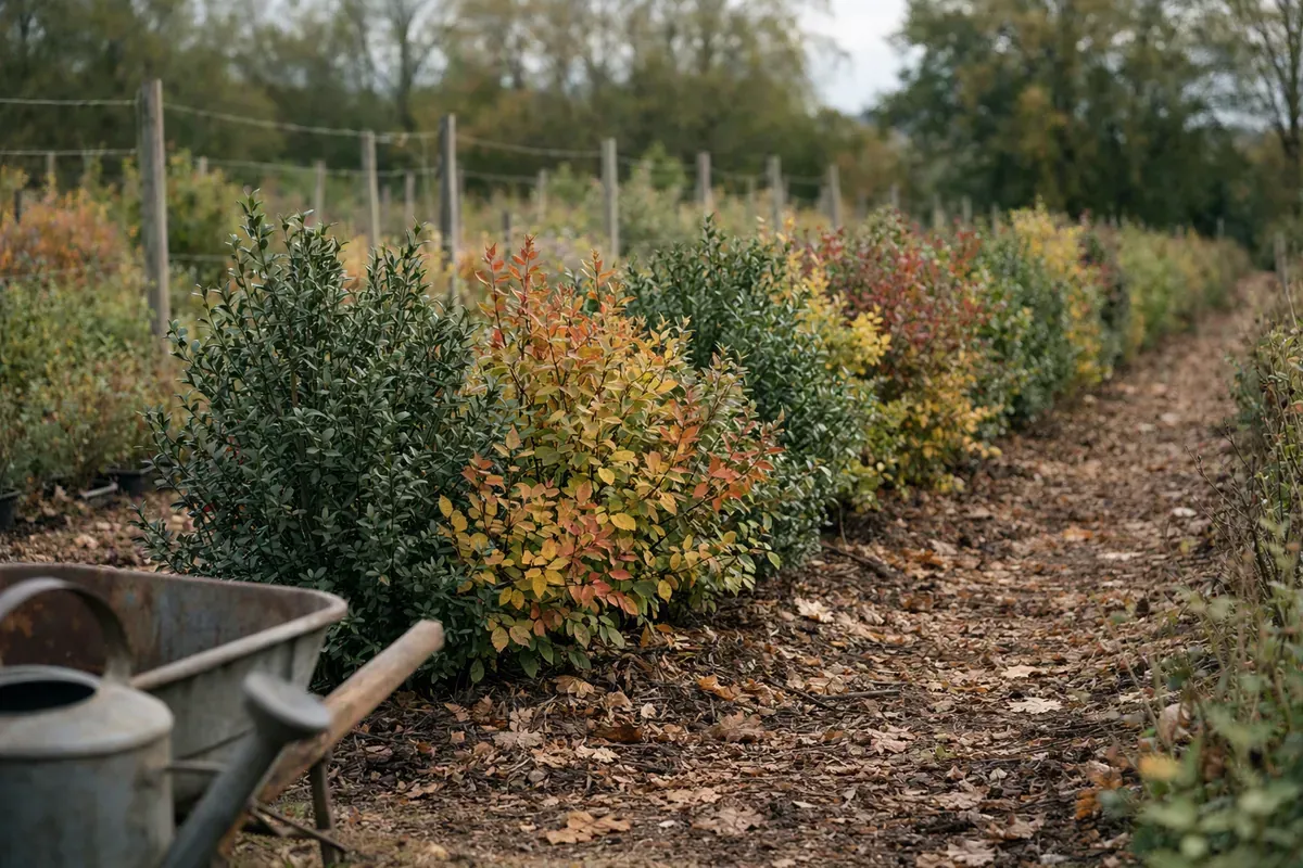 Haie mixte peu exigeante plantée avec paillage dans un jardin français