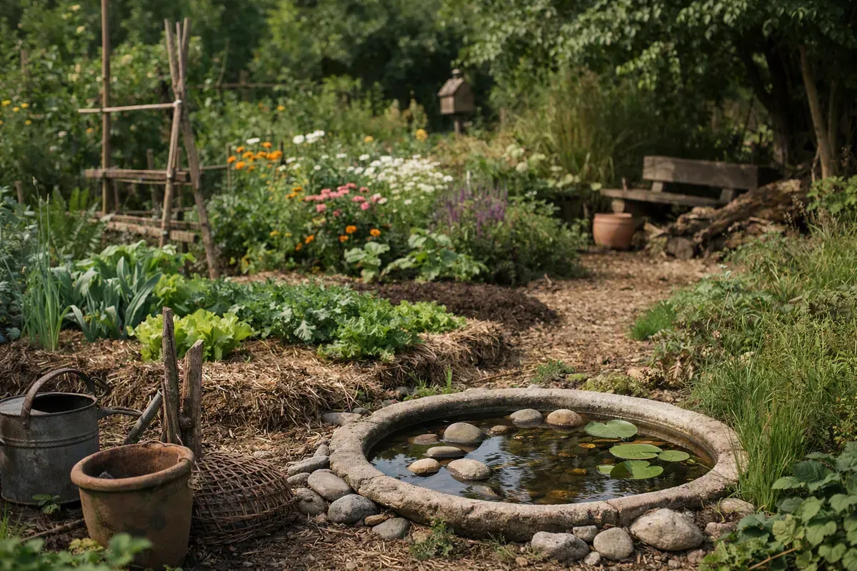 Potager paillé avec fleurs utiles, point d’eau et coin sauvage