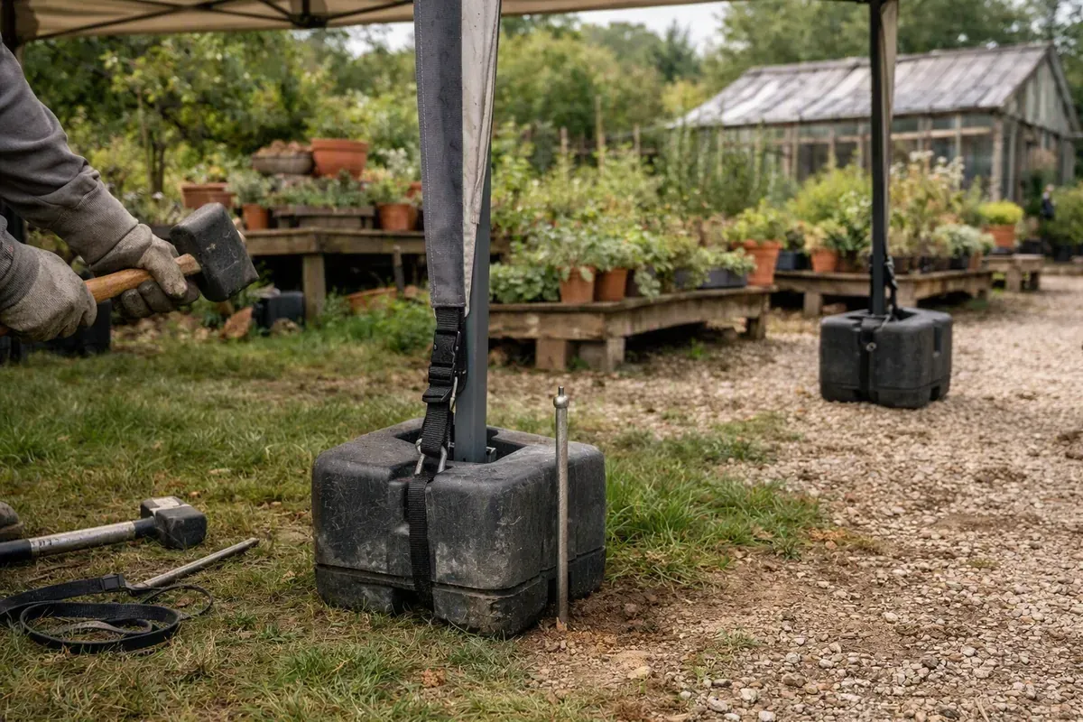 Barnum fixé sur gazon et graviers avec piquets et lests