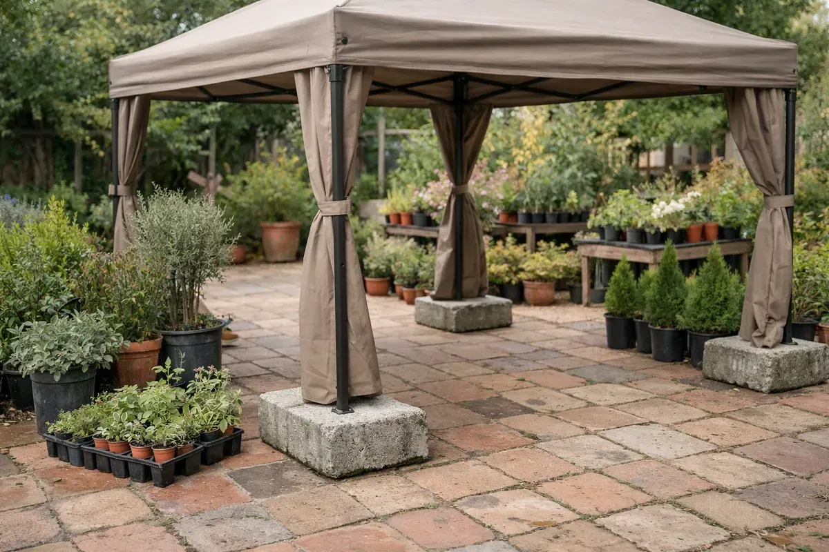 Tonnelle lestée par dalles sur terrasse carrelée de jardin