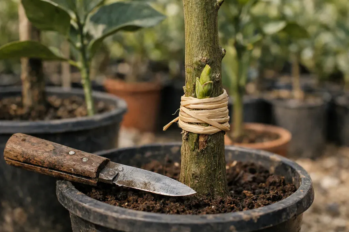 Écussonnage d’un citronnier en pot avec lien de greffe