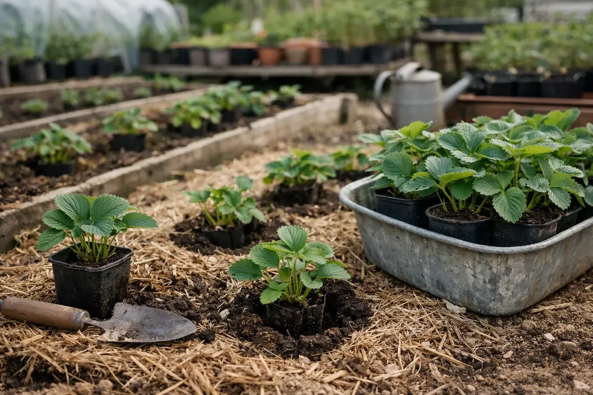 Fraisiers plantés en planche paillée et en bac au jardin