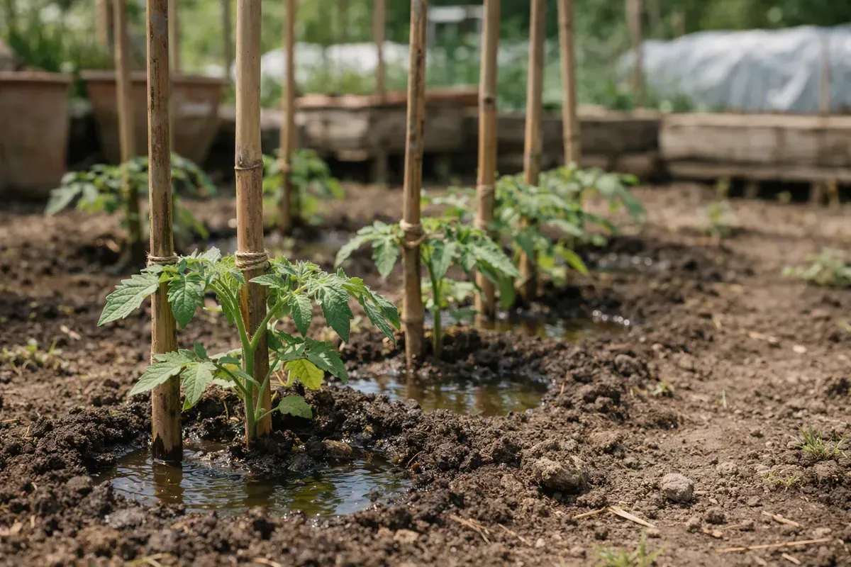 Jeunes tomates repiquées avec tuteurs dans un potager français