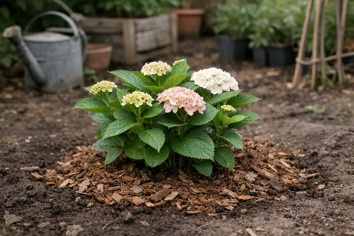 Hortensia fraîchement planté en mi ombre avec paillage au pied