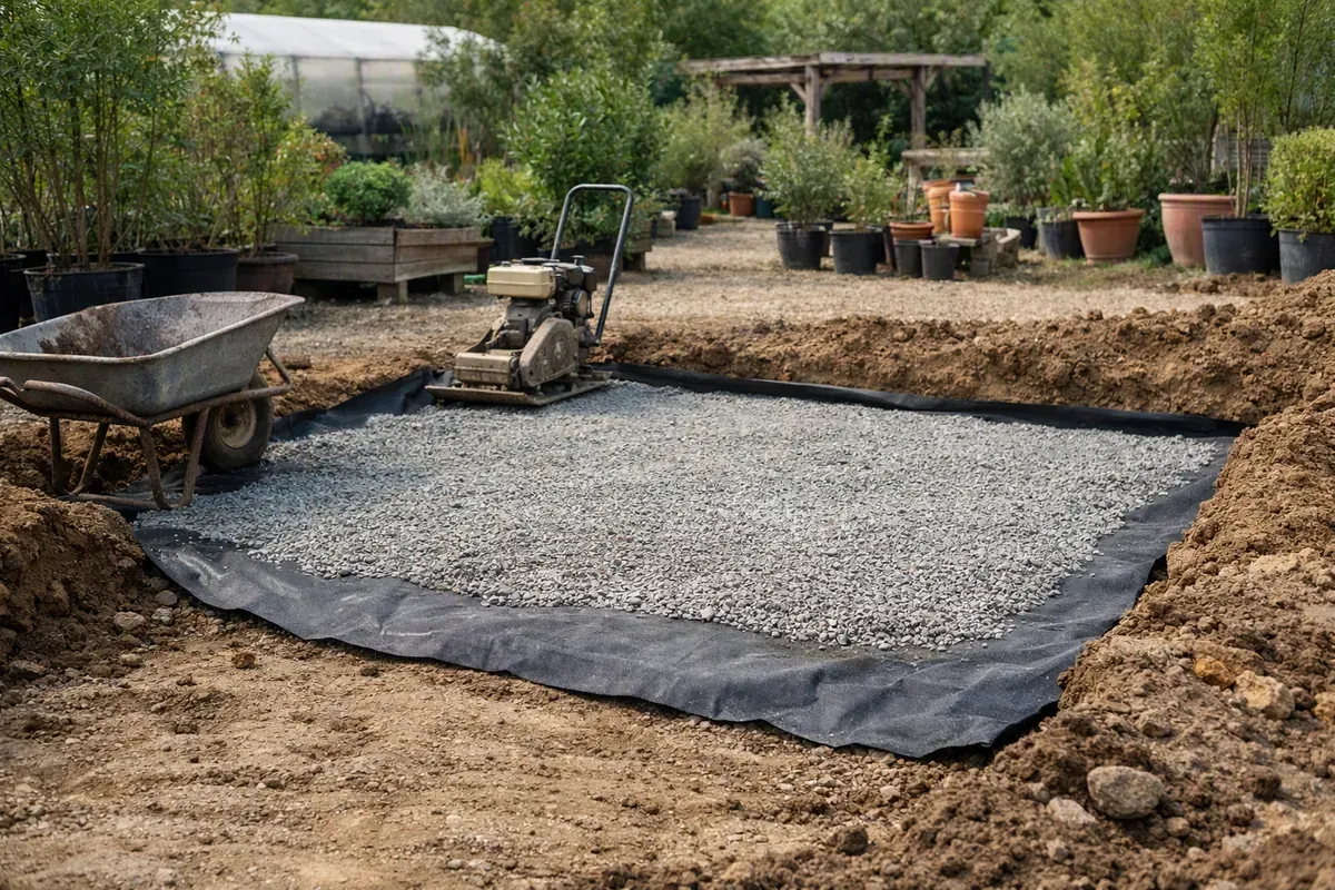 Préparation du sol pour terrasse sur terre avec géotextile et grave