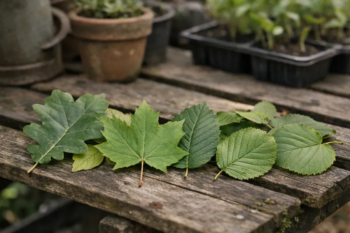 Feuilles de plusieurs arbres feuillus alignées sur une table de pépinière