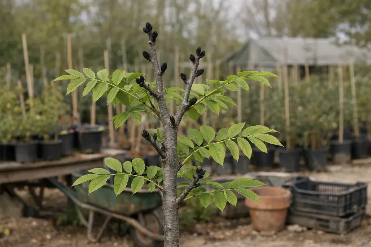 Jeune frêne en pépinière avec bourgeons noirs et feuilles composées