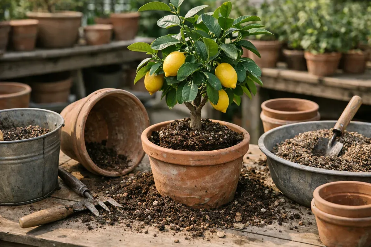 Rempotage d’un citronnier en pot sur une terrasse de pépinière