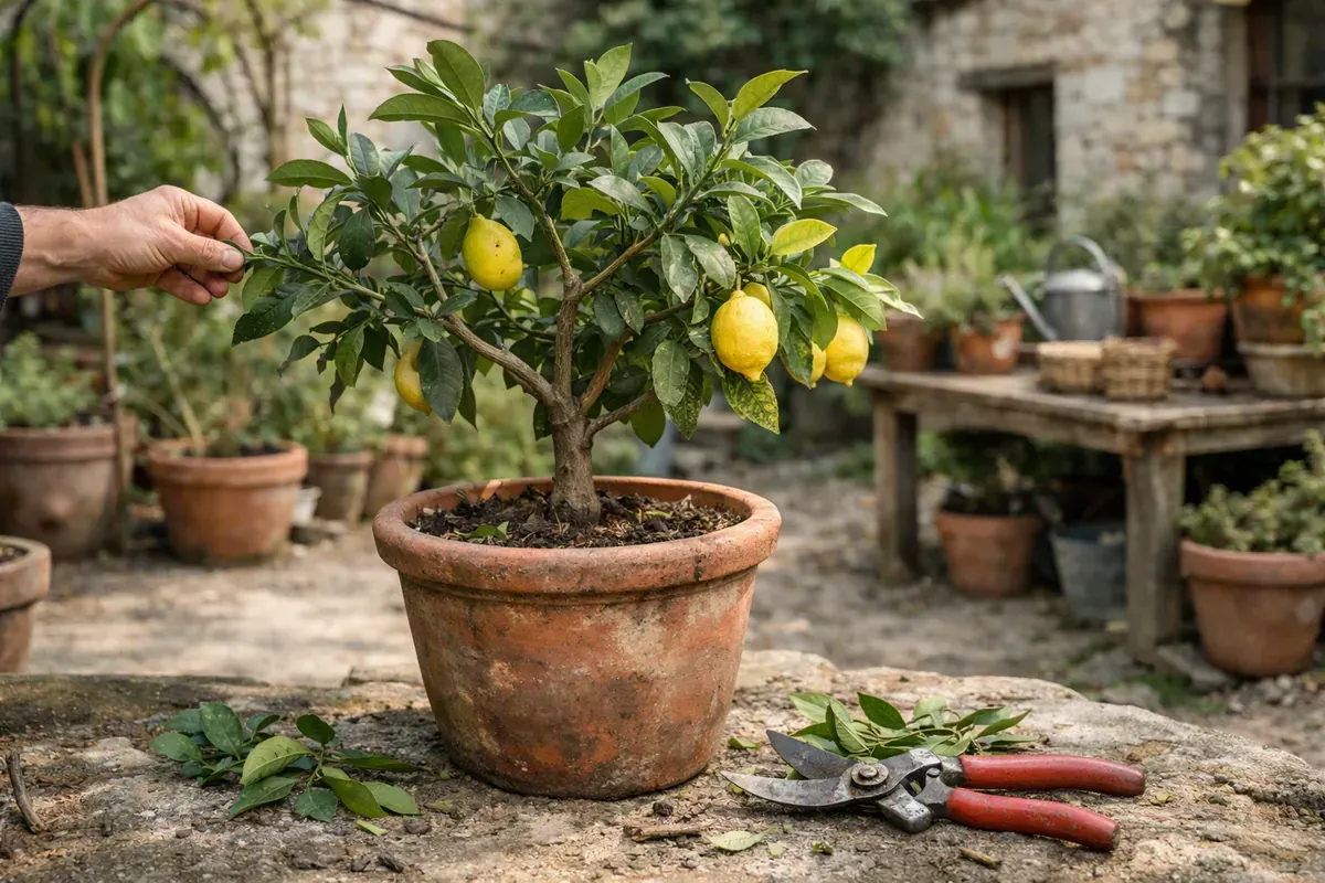 Citronnier en pot taillé légèrement dans une cour de pépinière