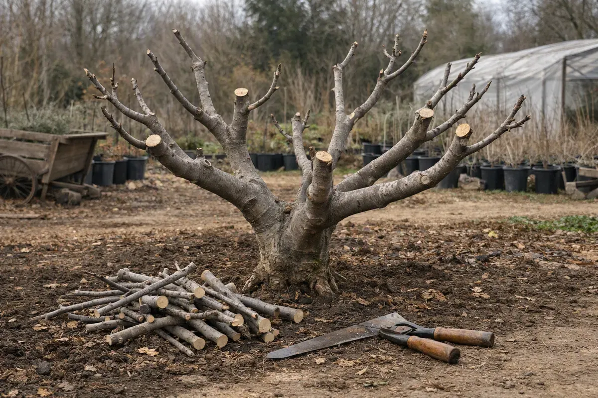 Figuier taillé en gobelet dans un jardin de pépinière