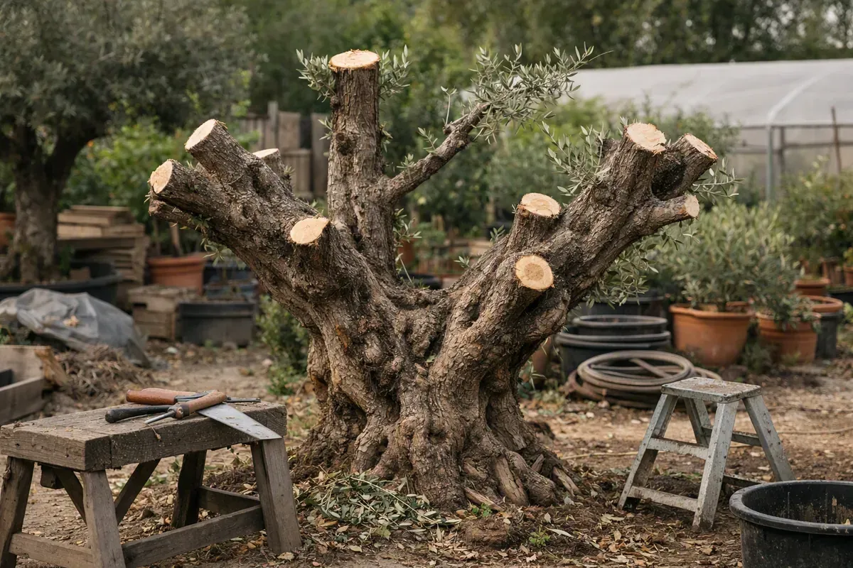 Olivier trop haut en cours de rabattage dans un jardin français