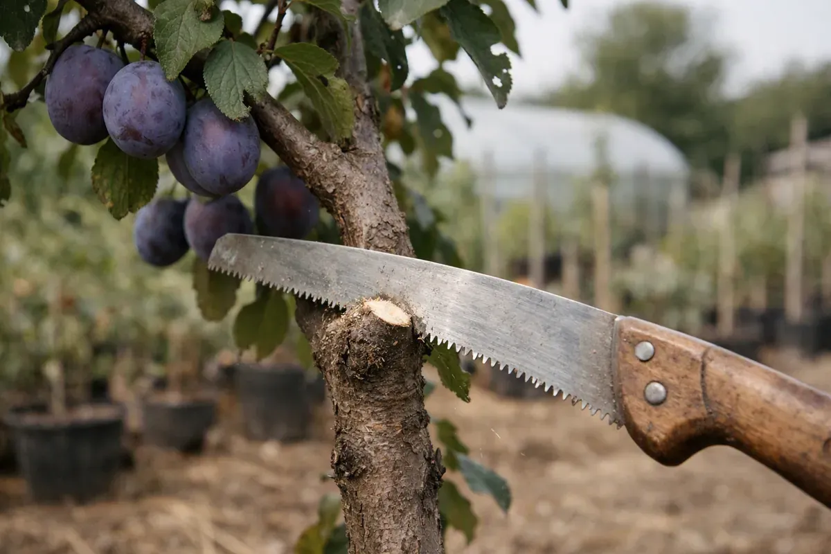Prunier taillé légèrement en fin d’été dans un jardin français