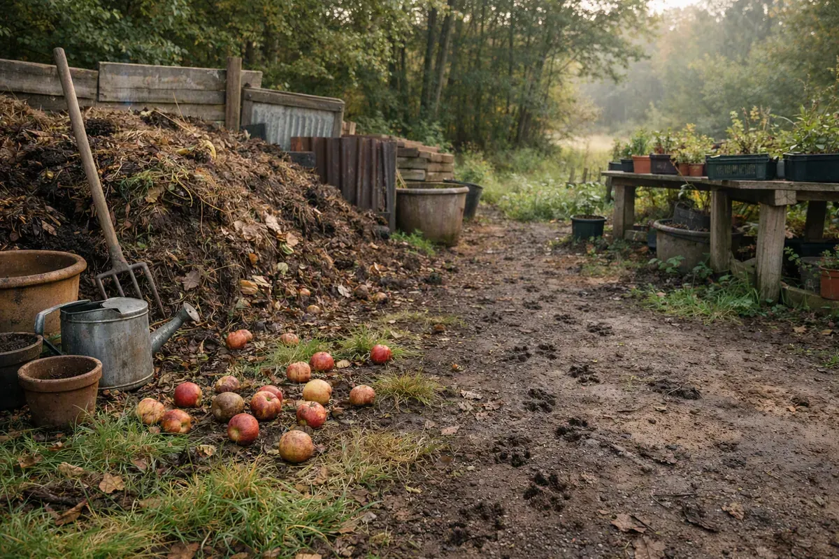 Lisière de jardin avec compost, pommes tombées et traces de hérisson