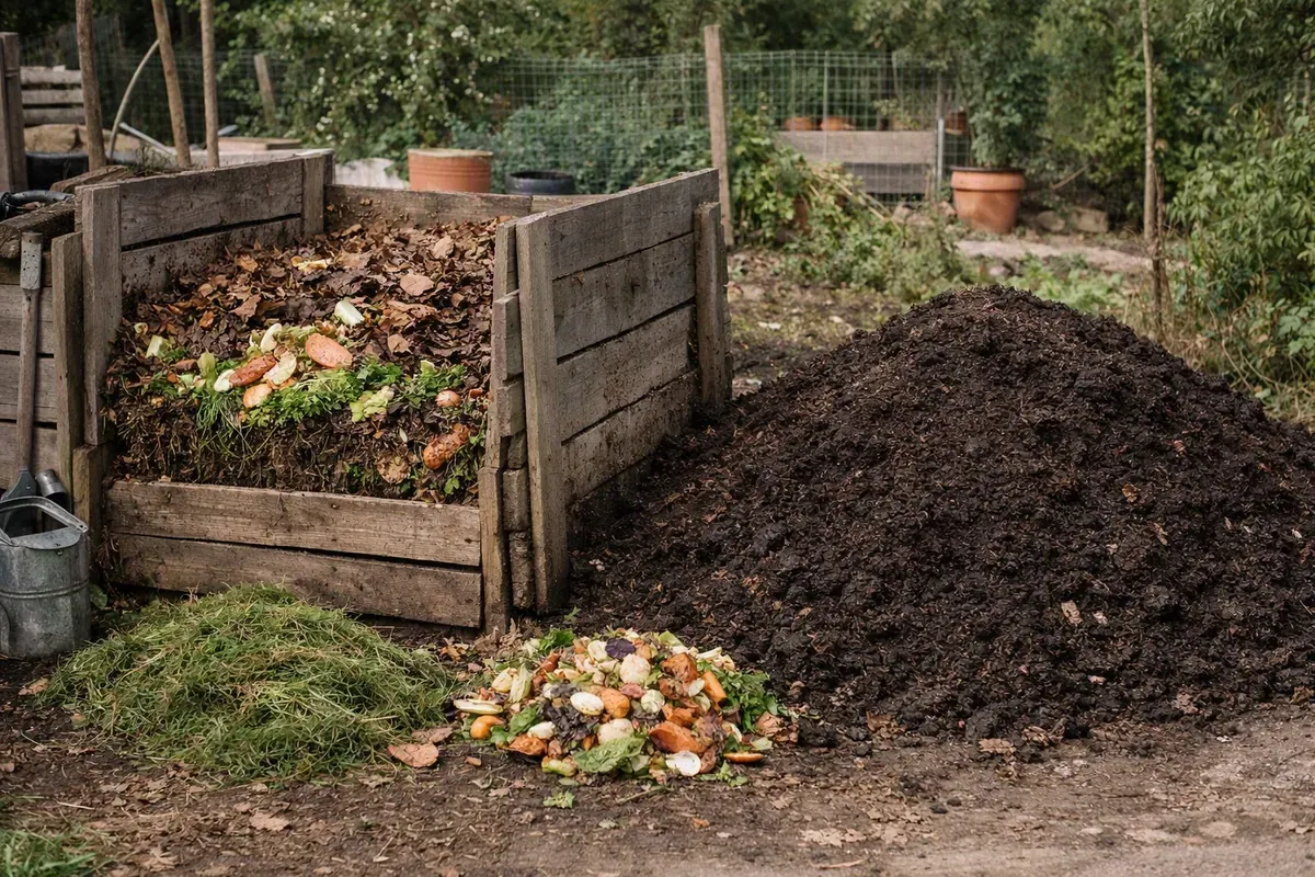 Bac à compost en pépinière avec feuilles, tontes et compost mûr