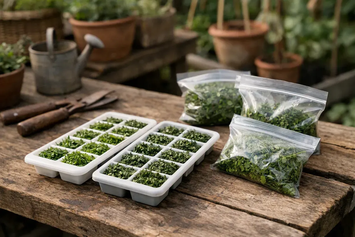 Herbes aromatiques hachées en bacs à glaçons et sachets plats